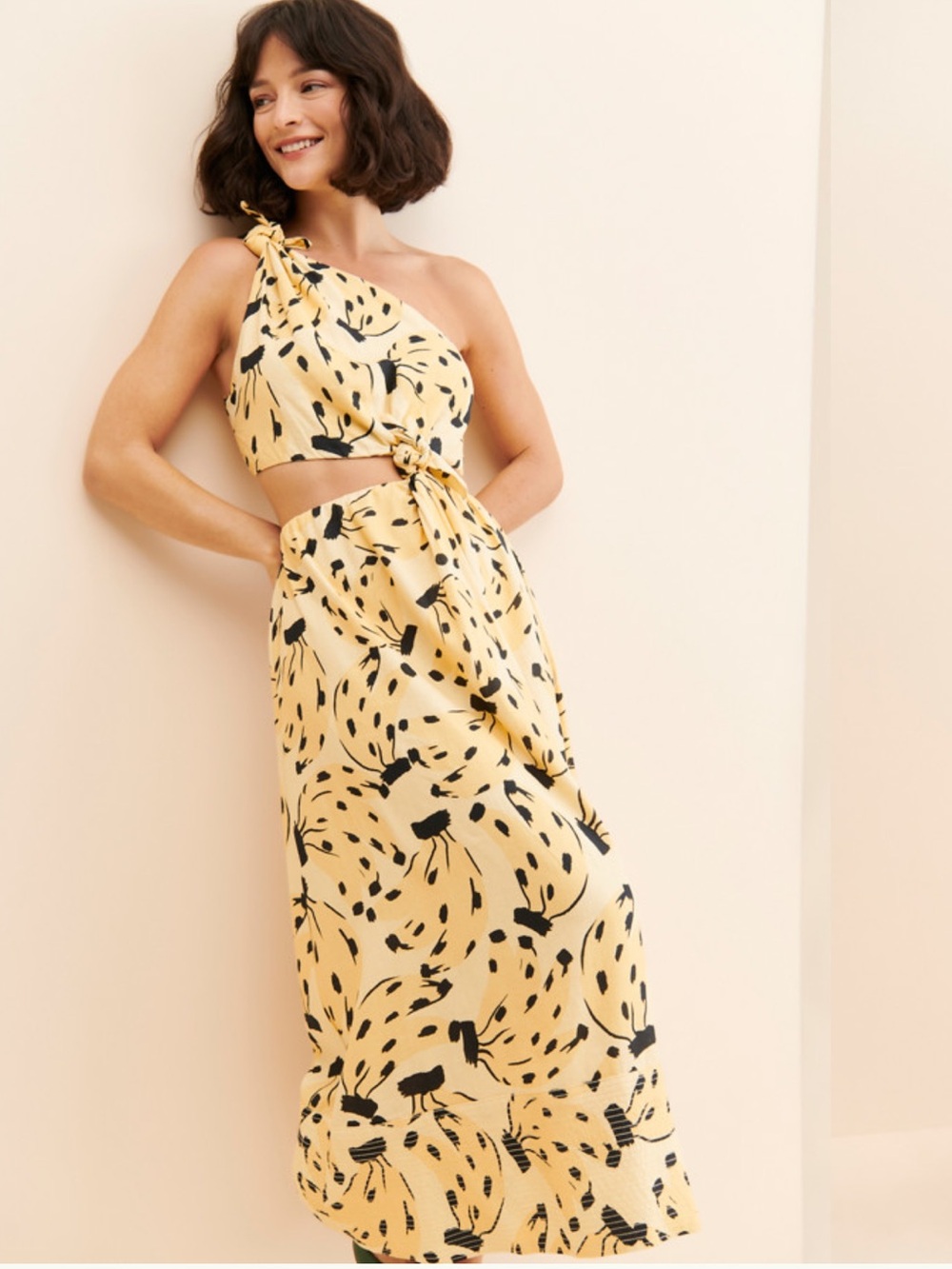 Farm Rio Yellow Bossa Banana Knot Midi Dress One Shoulder Size L EUC